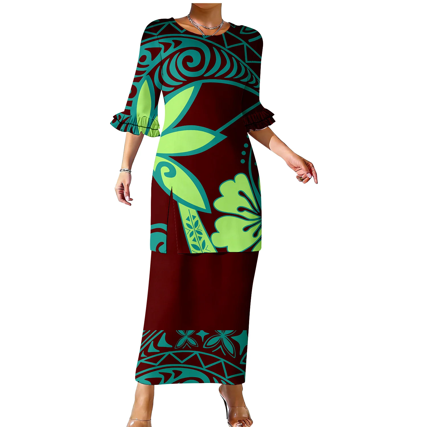 Модный ретро-костюм-пулетаси для женщин в полинезийском стиле - комплект из двух предметов с двойными рюшами на рукавах, стройнящий силуэт, с индивидуальным узором
Модный ретро-костюм-пулетаси для женщин в полинезийском стиле - комплект из двух предметов с двойными рюшами на рукавах, стройнящий силуэт, с индивидуальным узором