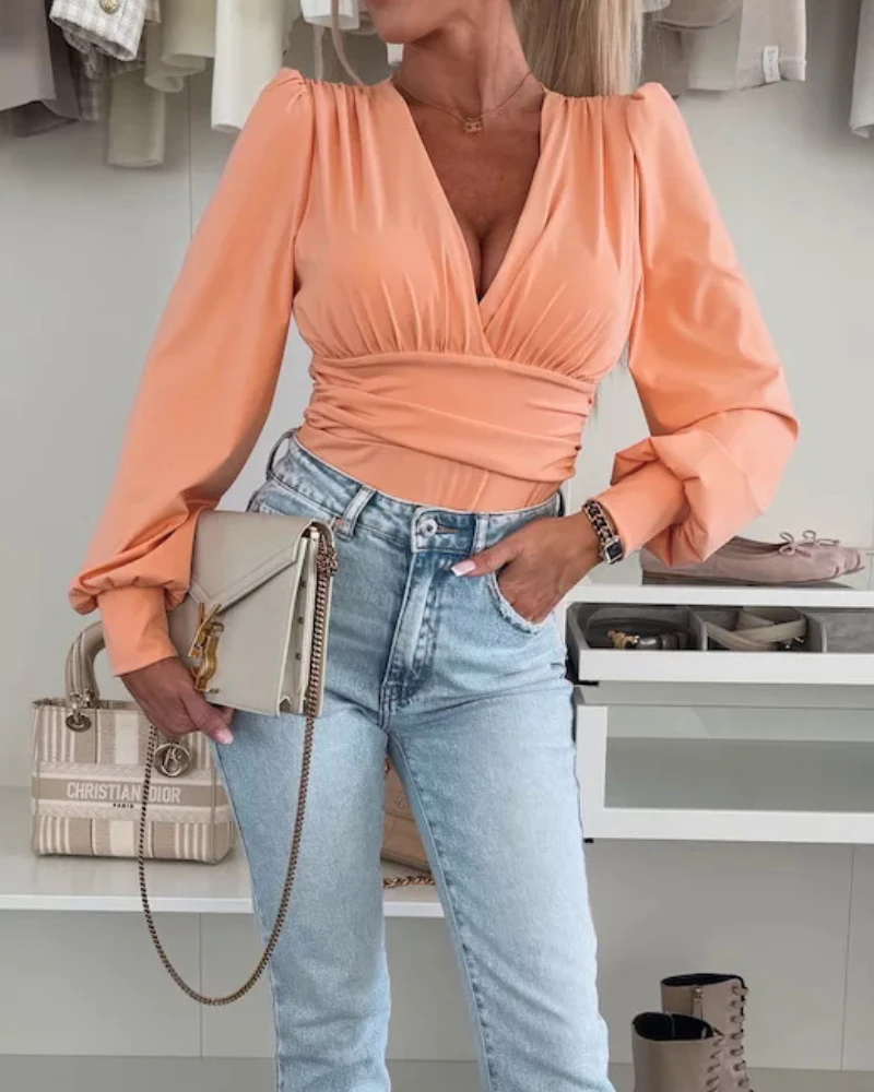 Sexy Elegant Plunge V Neck Lantern Sleeve Ruched Blouse Casual Slim Fit Bodysuit Top New Fashion 2025 Female Womens Clothing
Sexy Elegant Plunge V Neck Lantern Sleeve Ruched Blouse Casual Slim Fit Bodysuit Top New Fashion 2025 Female Womens Clothing