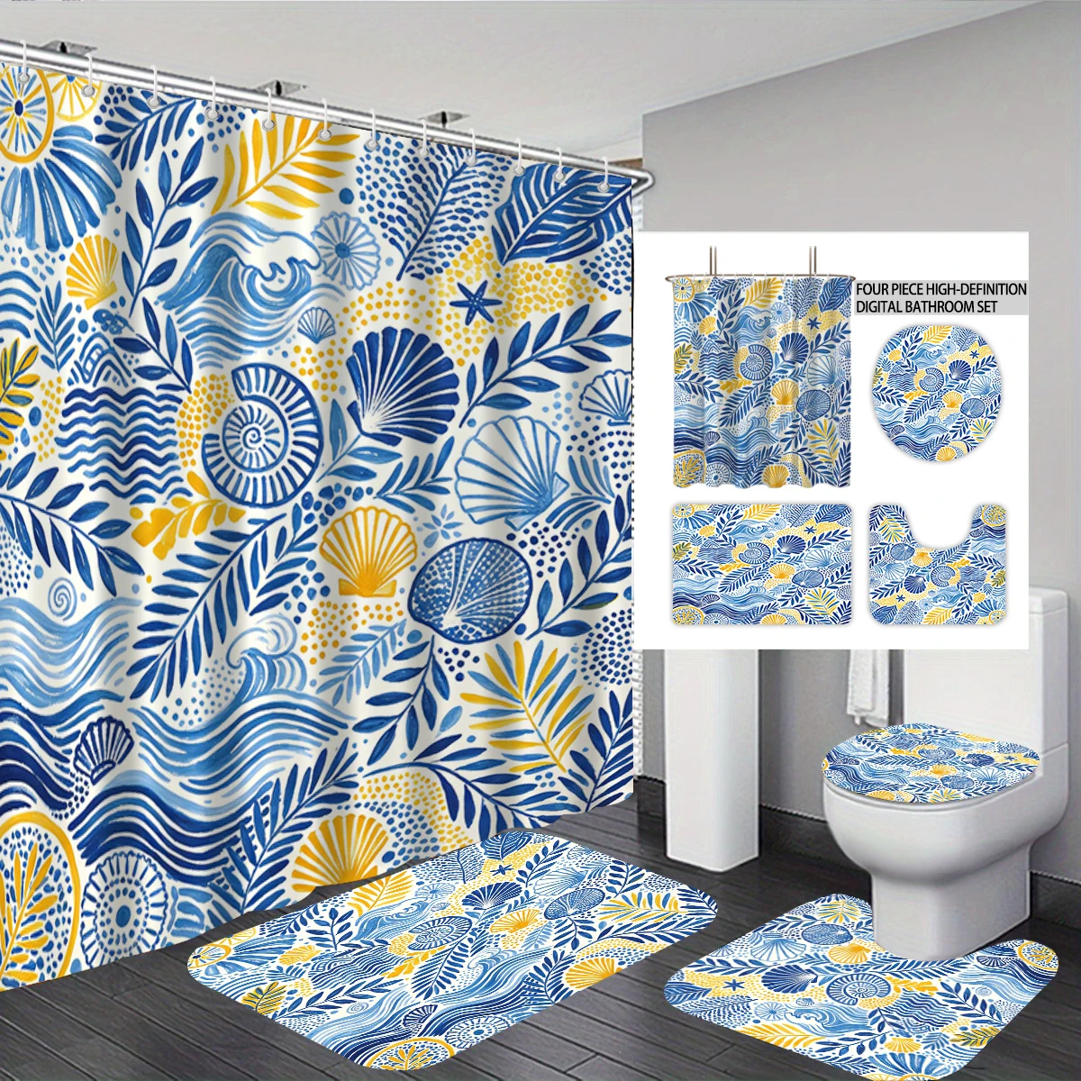 4pcs Family Bathroom Set Shower Curtain Floor Mat Toilet Seat Mat and Bath Mat Blue Pattern Bathroom Privacy Decoration
4pcs Family Bathroom Set Shower Curtain Floor Mat Toilet Seat Mat and Bath Mat Blue Pattern Bathroom Privacy Decoration