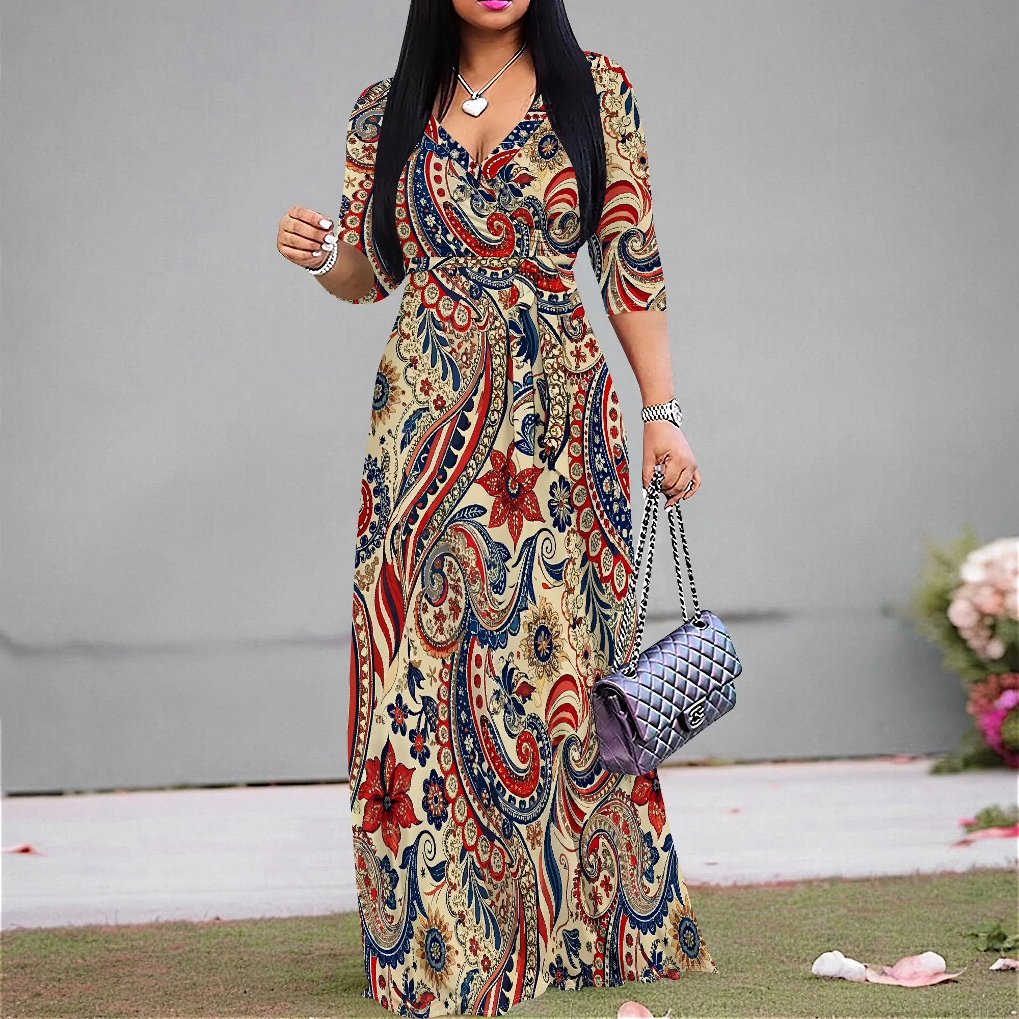 Vintage Paisley Print Maxi Dress for Women V Neck Long Sleeve S-2XL Church or Family Gathering Wear
Vintage Paisley Print Maxi Dress for Women V Neck Long Sleeve S-2XL Church or Family Gathering Wear