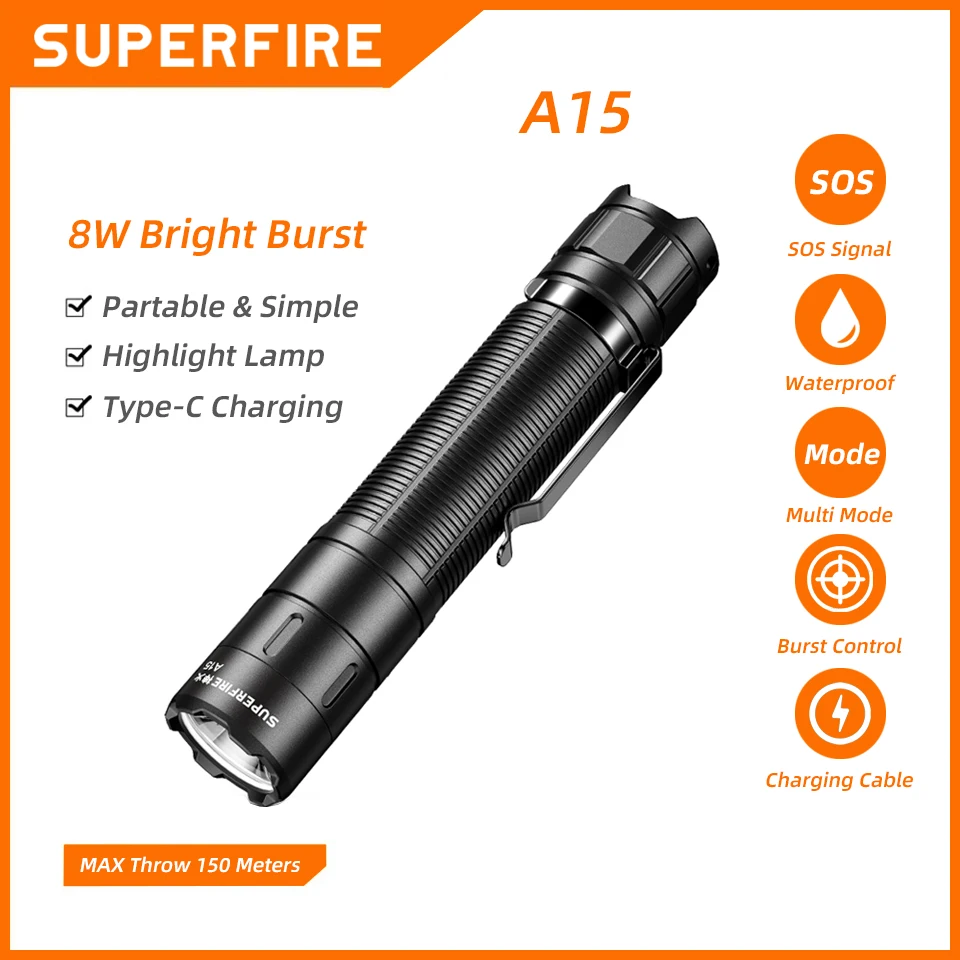 New SUPERFIRE A15 Powerful LED Flashlight Mini EDC Torch USB-C Rechargeable 18650 Lantern for Camping Outdoor Emergency Lighting
New SUPERFIRE A15 Powerful LED Flashlight Mini EDC Torch USB-C Rechargeable 18650 Lantern for Camping Outdoor Emergency Lighting