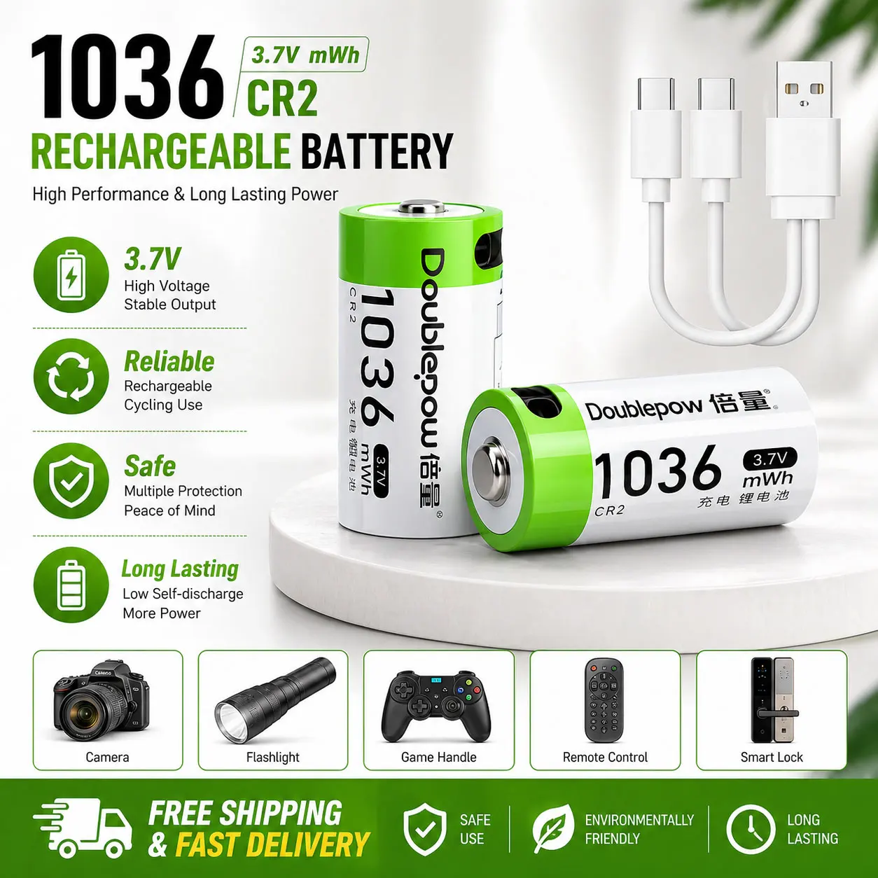 USB Type-C Charging CR2 Lithium Battery 3.7V 1036mWh Rechargeable Power Cell with Charging Cable Accessory
USB Type-C Charging CR2 Lithium Battery 3.7V 1036mWh Rechargeable Power Cell with Charging Cable Accessory