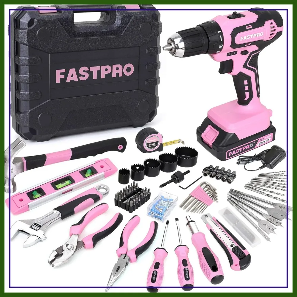 177-Piece 20V Pink Cordless Drill Driver & Home Tool Set for Women, Household Repair Kit with Storage Case
177-Piece 20V Pink Cordless Drill Driver & Home Tool Set for Women, Household Repair Kit with Storage Case