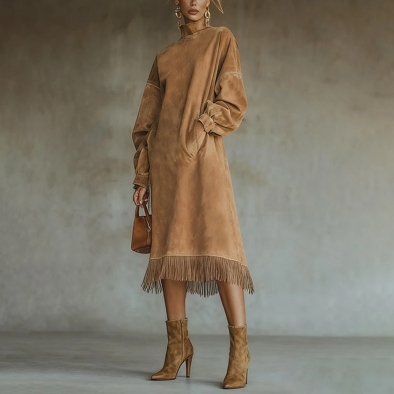 Vintage Imitates Suede Solid Color Commute Dress Elegant High Collar Loose A-line Dress Women High Waist Pocket Tassel Hem Dress
Vintage Imitates Suede Solid Color Commute Dress Elegant High Collar Loose A-line Dress Women High Waist Pocket Tassel Hem Dress