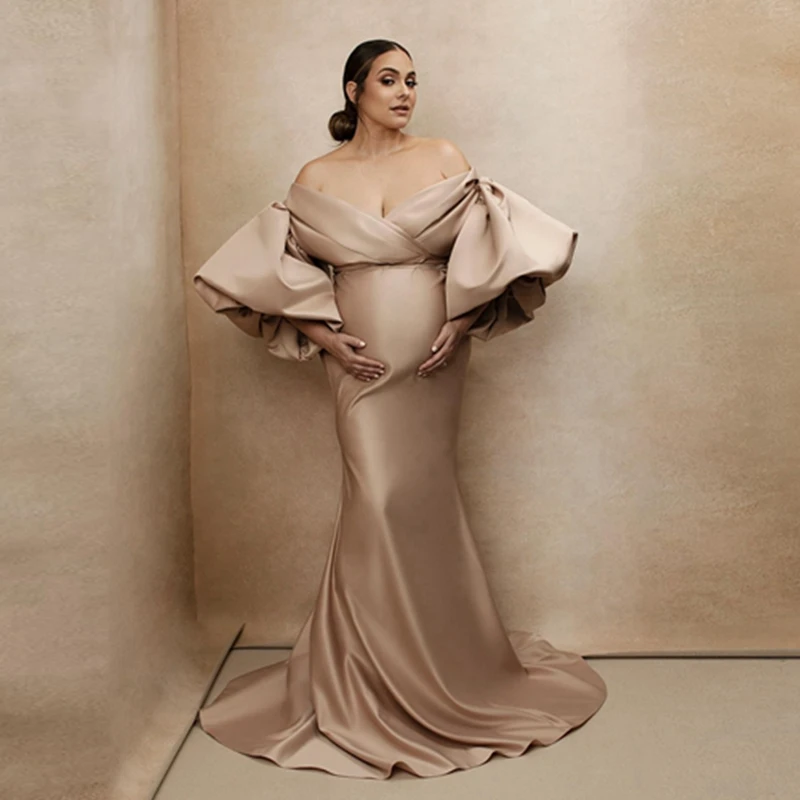 Demure Khaki Satin Mermaid Maternity Dresses With Big Puff Sleeves Elegant V Neck Long Pregnant Women Gowns For Photography Prom
Demure Khaki Satin Mermaid Maternity Dresses With Big Puff Sleeves Elegant V Neck Long Pregnant Women Gowns For Photography Prom