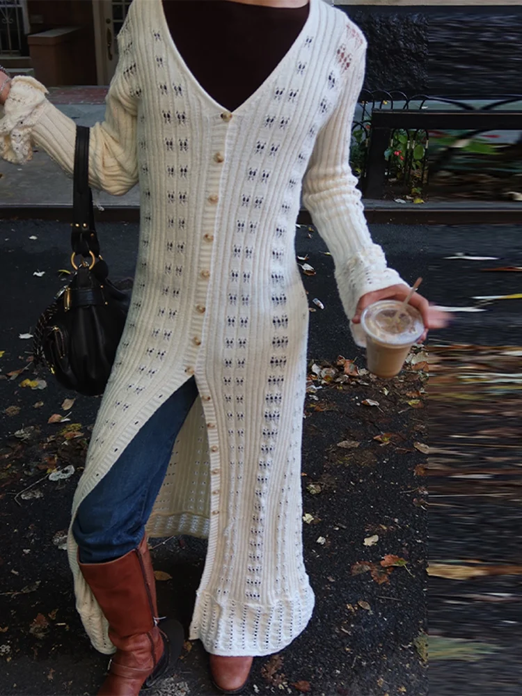 Elegant New Hollow Out Knitting Cardigan For Women Long Sleeve V-Neck Loose Long Knitted Coat Fashion Autumn High Street Wear
Elegant New Hollow Out Knitting Cardigan For Women Long Sleeve V-Neck Loose Long Knitted Coat Fashion Autumn High Street Wear