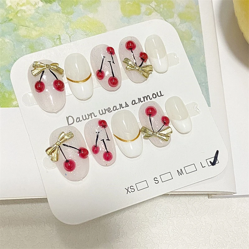 Handmade Cute Press On Nails Short Oval Cherry Artificial Fake Nails Bowknot French Summer False Nails Charms Manicure Design
Handmade Cute Press On Nails Short Oval Cherry Artificial Fake Nails Bowknot French Summer False Nails Charms Manicure Design