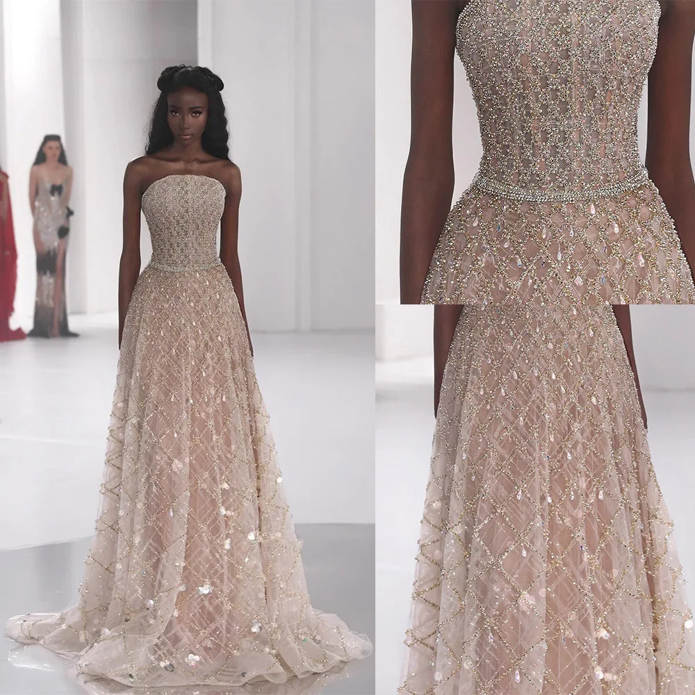 Luxury A-Line Evening Dress Strapless Appliques Pearls Crystals Beading Formal Prom Gowns For Special Occasion Customized
Luxury A-Line Evening Dress Strapless Appliques Pearls Crystals Beading Formal Prom Gowns For Special Occasion Customized
