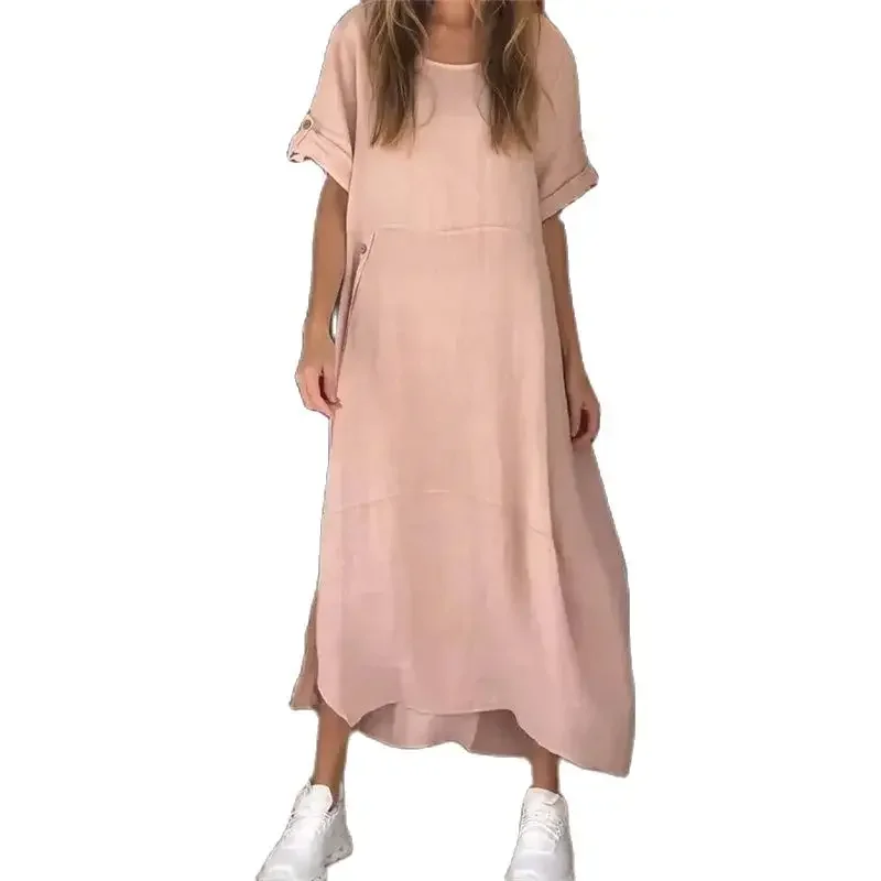 Women Side Single-breasted Splicing Hem Dresses Solid Color Cotton Linen Loose Dress Female O Neck Pullover Short Sleeve Gown 24
Women Side Single-breasted Splicing Hem Dresses Solid Color Cotton Linen Loose Dress Female O Neck Pullover Short Sleeve Gown 24