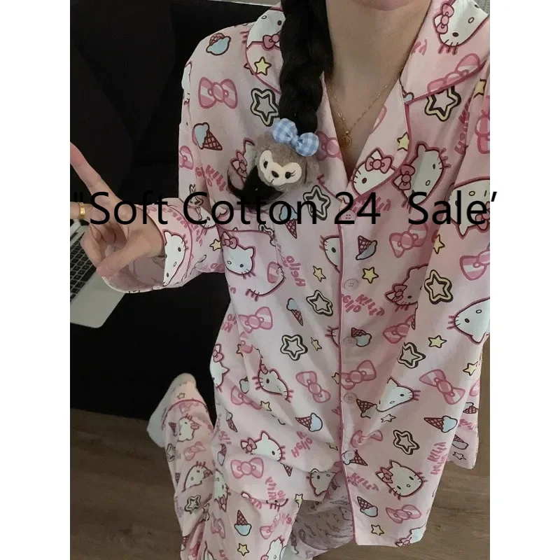 Pink Hello Kitty cotton pajamas, spring and autumn cartoon cute girl sweet loungewear set, Sanrio cute pajamas two-piece set
Pink Hello Kitty cotton pajamas, spring and autumn cartoon cute girl sweet loungewear set, Sanrio cute pajamas two-piece set