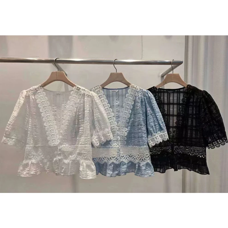 Korean Style Loose Fit Lace Embroidery Patchwork Bubble Sleeve Short Sleeve V Neck Shirt Women's Summer New Fashion Top
Korean Style Loose Fit Lace Embroidery Patchwork Bubble Sleeve Short Sleeve V Neck Shirt Women's Summer New Fashion Top