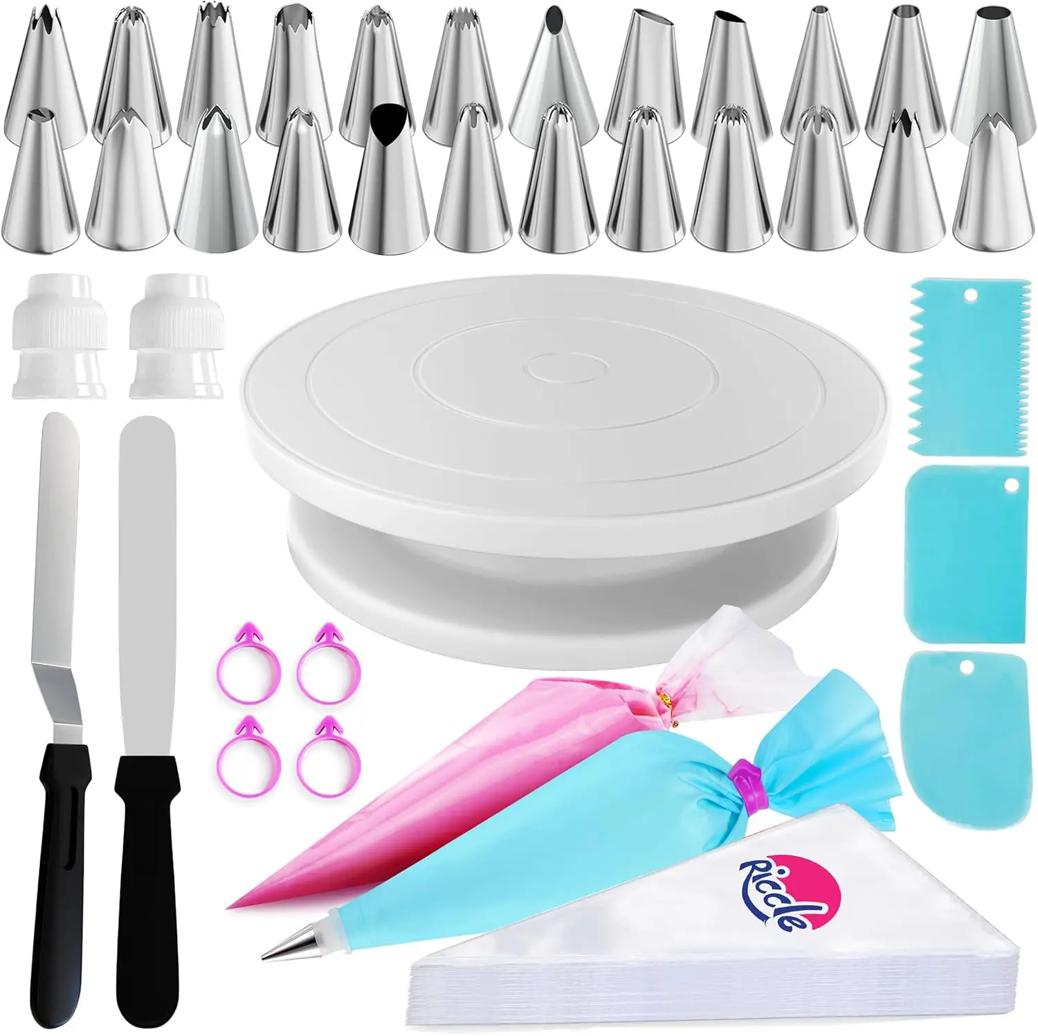 Riccle 88 pcs Cake Decorating Kit with Cake Turntable - Includes 50 Disposable + 2 Reusable Piping Bags and Tips Set, 24 Icing Piping Tips, 2 Spatulas, 3 Icing Comb Scraper, Baking Supplies
Riccle 88 pcs Cake Decorating Kit with Cake Turntable - Includes 50 Disposable + 2 Reusable Piping Bags and Tips Set, 24 Icing Piping Tips, 2 Spatulas, 3 Icing Comb Scraper, Baking Supplies