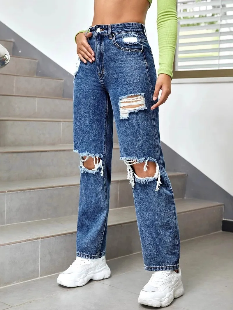 Fashionable Ripped Slim Fit Ladies Casual Jeans Distressed Straight Leg Blue Denim Pants Spring Summer No Iron Treatment
Fashionable Ripped Slim Fit Ladies Casual Jeans Distressed Straight Leg Blue Denim Pants Spring Summer No Iron Treatment