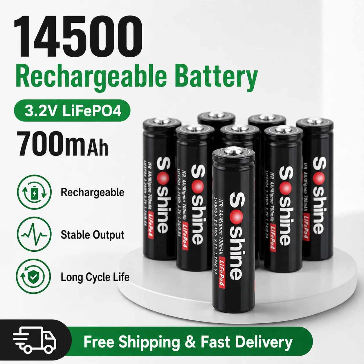 3.2V 14500 700mAh AA Size LiFePO4 Rechargeable Battery 1000 Cycles for Flashlight Wireless Mouse Electric Toys
3.2V 14500 700mAh AA Size LiFePO4 Rechargeable Battery 1000 Cycles for Flashlight Wireless Mouse Electric Toys