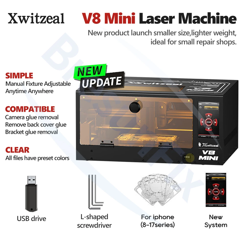 Лазерный станок Xwitzeal V8 Mini для лазерной гравировки, ремонта iPhone серий 8-17, лазерной обработки, удаления клея, гравировальный инструмент
Лазерный станок Xwitzeal V8 Mini для лазерной гравировки, ремонта iPhone серий 8-17, лазерной обработки, удаления клея, гравировальный инструмент
