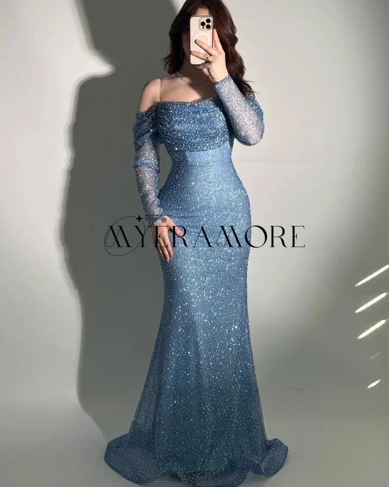 Shiny Mermaid Evening Dresses Off the shoulder Long Sleeves Sequins Lace Pleat Prom Dresses Customized فساتين سهرة
Shiny Mermaid Evening Dresses Off the shoulder Long Sleeves Sequins Lace Pleat Prom Dresses Customized فساتين سهرة