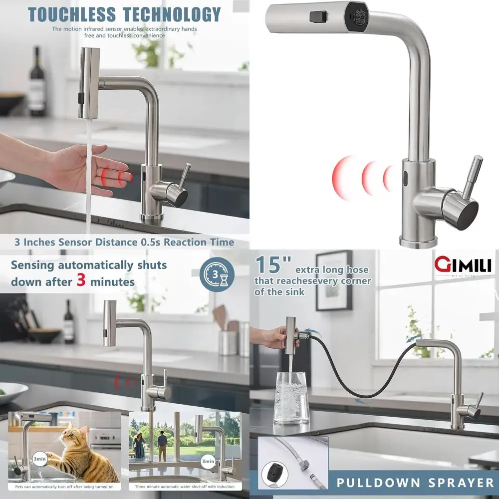 15 Brushed Nickel Pull-Down Spray Kitchen Faucet, Touchless, Single Hole, 15 High
15 Brushed Nickel Pull-Down Spray Kitchen Faucet, Touchless, Single Hole, 15 High