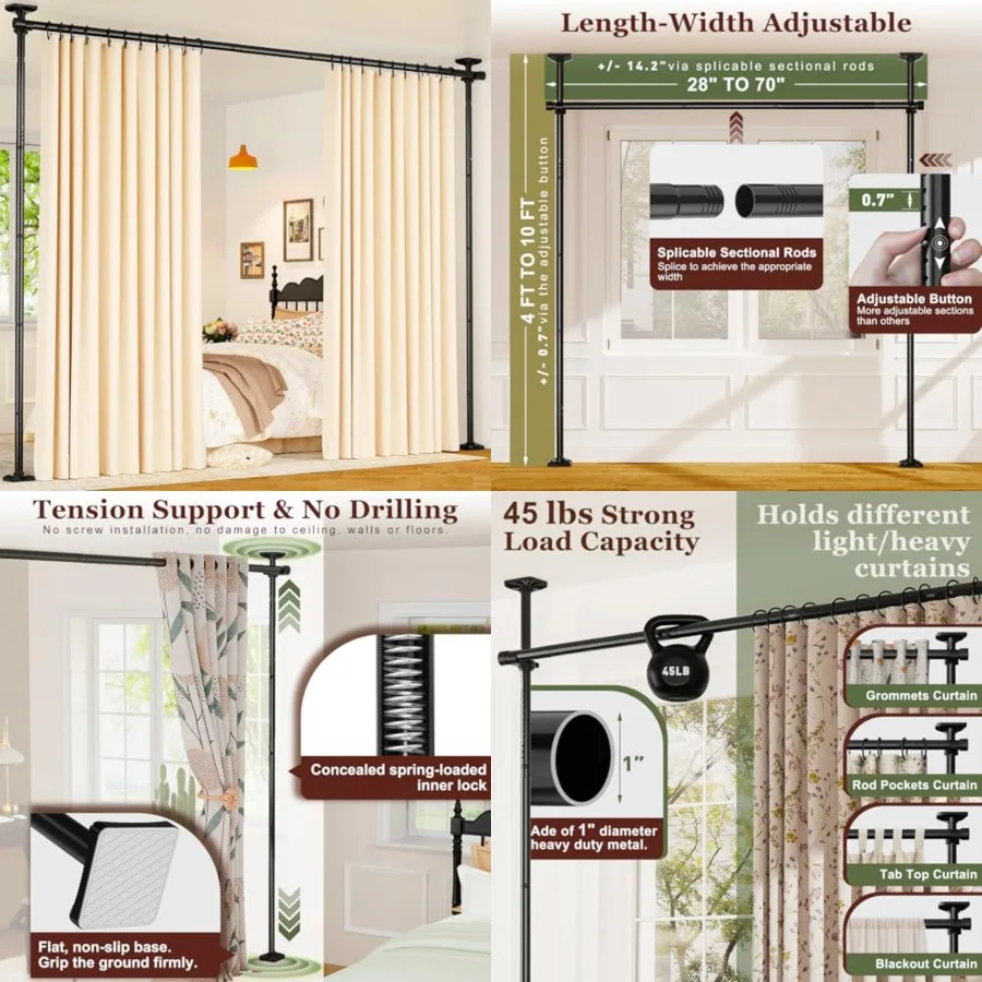Room Divider for Room Separation, Tension Curtain Rods No Drilling, 4-10ft(H) 28-70inch(W) Adjustable Temporary Privacy Wall Divider, Heavy Duty Freestanding Space Partition Separator, Black
Room Divider for Room Separation, Tension Curtain Rods No Drilling, 4-10ft(H) 28-70inch(W) Adjustable Temporary Privacy Wall Divider, Heavy Duty Freestanding Space Partition Separator, Black
