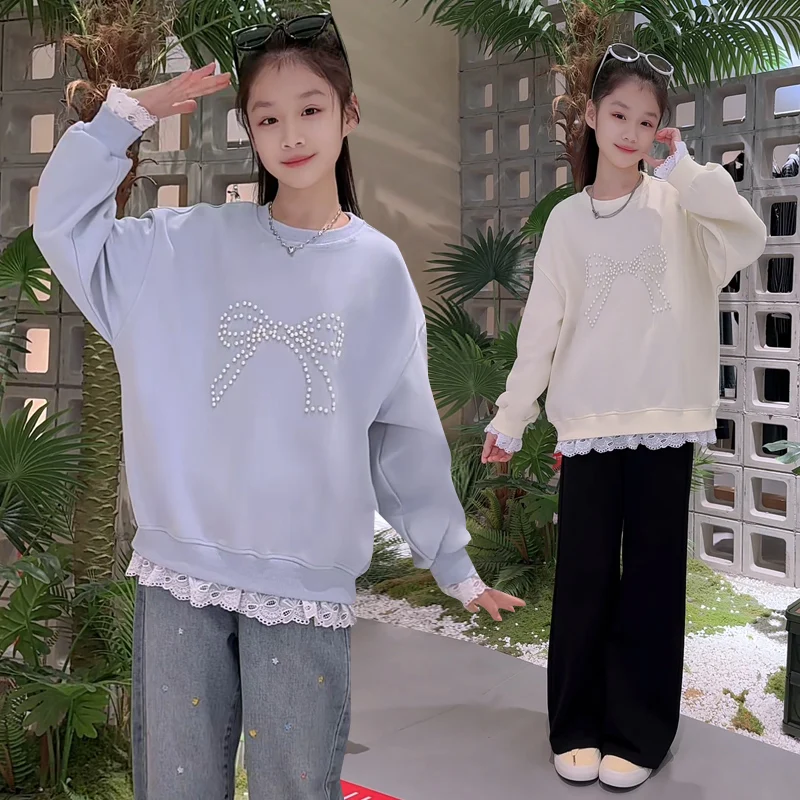 Spring Autumn Children Girl's Bow Sweatshirt with Lace Bottoms Kids Casual Fashion Lovely Pullover Clothing With Pearls Age 5-14
Spring Autumn Children Girl's Bow Sweatshirt with Lace Bottoms Kids Casual Fashion Lovely Pullover Clothing With Pearls Age 5-14