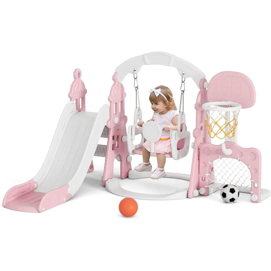 Набор слайдов и качелей 5-в-1, розовая уличная игровая площадка в помещении для малышей 1-3 лет с баскетбольным кольцом, качели, прочный пластиковый коврик
Набор слайдов и качелей 5-в-1, розовая уличная игровая площадка в помещении для малышей 1-3 лет с баскетбольным кольцом, качели, прочный пластиковый коврик