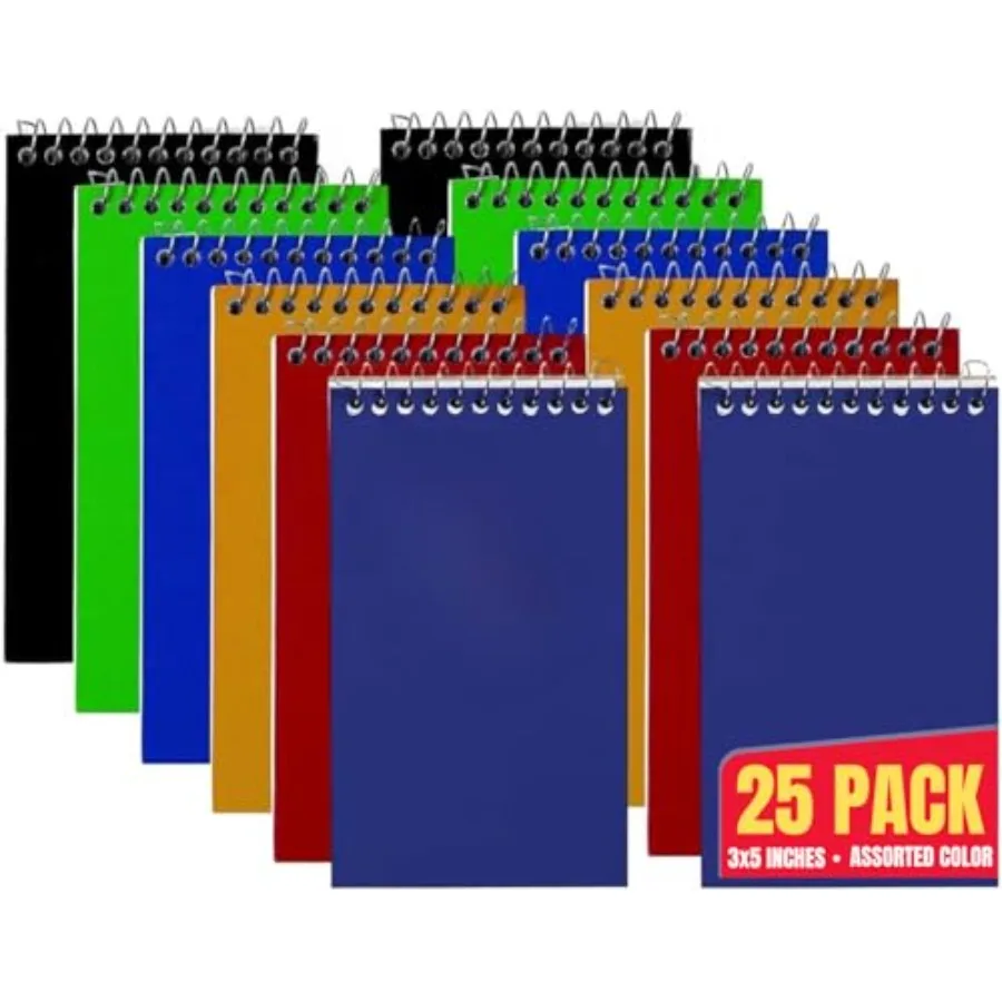 Wirebound Spiral Memo Books, Memo Pads, 3" x 5", College Ruled, Small Notepad 3x5, Assorted, 75 Sheets/Pad, 25 Pads/Pack
Wirebound Spiral Memo Books, Memo Pads, 3" x 5", College Ruled, Small Notepad 3x5, Assorted, 75 Sheets/Pad, 25 Pads/Pack