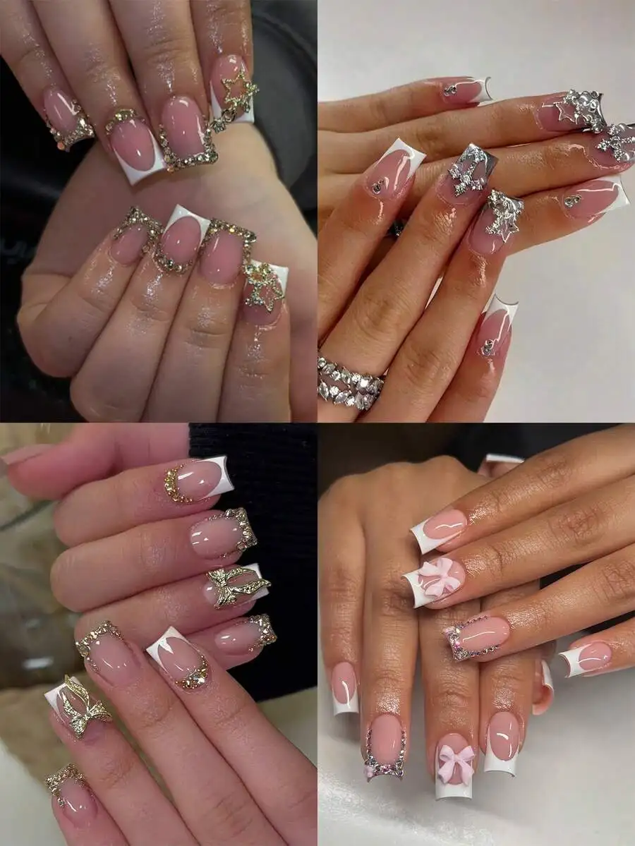 96pcs Medium Square Nail Stickers, Black & White French Manicure, Gold Rhinestones, Bow, Cross, Star Decorations, Luxury Full Co
96pcs Medium Square Nail Stickers, Black & White French Manicure, Gold Rhinestones, Bow, Cross, Star Decorations, Luxury Full Co