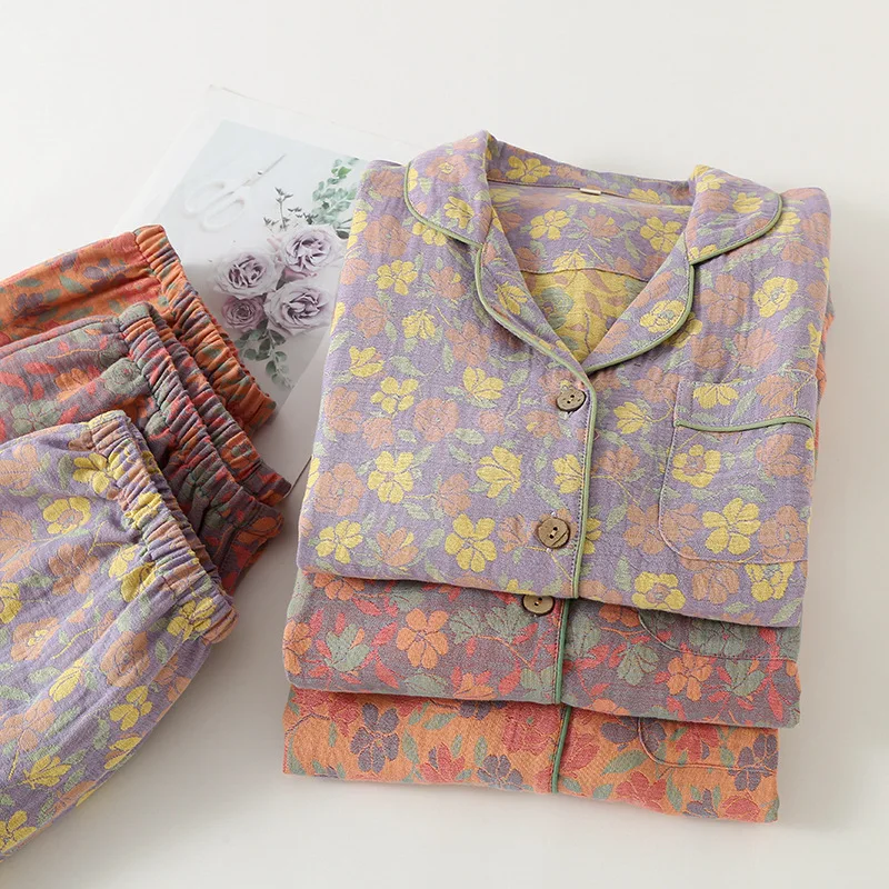 Spring Autumn Retro Women's 100% Cotton Double-layer Gauze Pajamas Set Chinese Style Jacquard Long Sleeves Home Clothes
Spring Autumn Retro Women's 100% Cotton Double-layer Gauze Pajamas Set Chinese Style Jacquard Long Sleeves Home Clothes