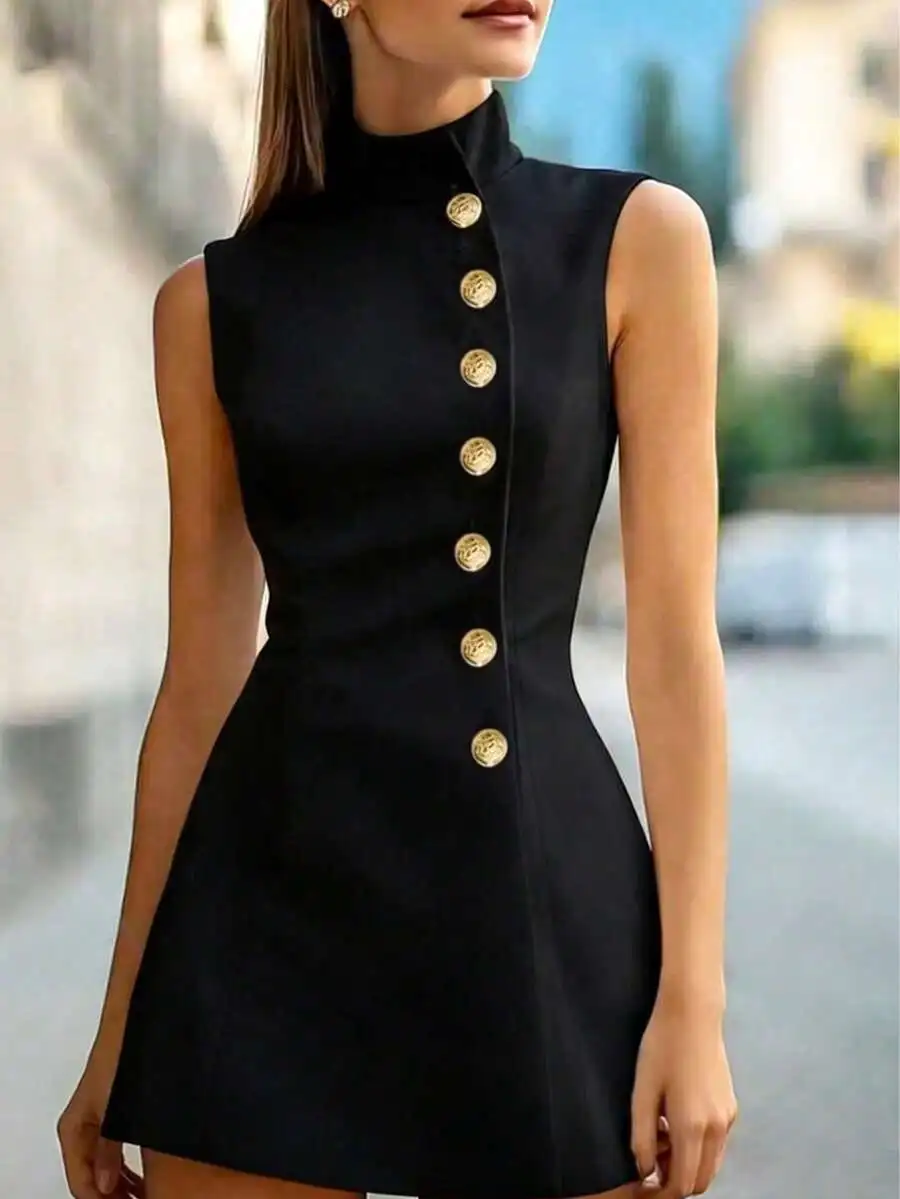 Black Sleeveless High Neck Dress With Gold Buttons Elegant Office Daily Wear
Black Sleeveless High Neck Dress With Gold Buttons Elegant Office Daily Wear