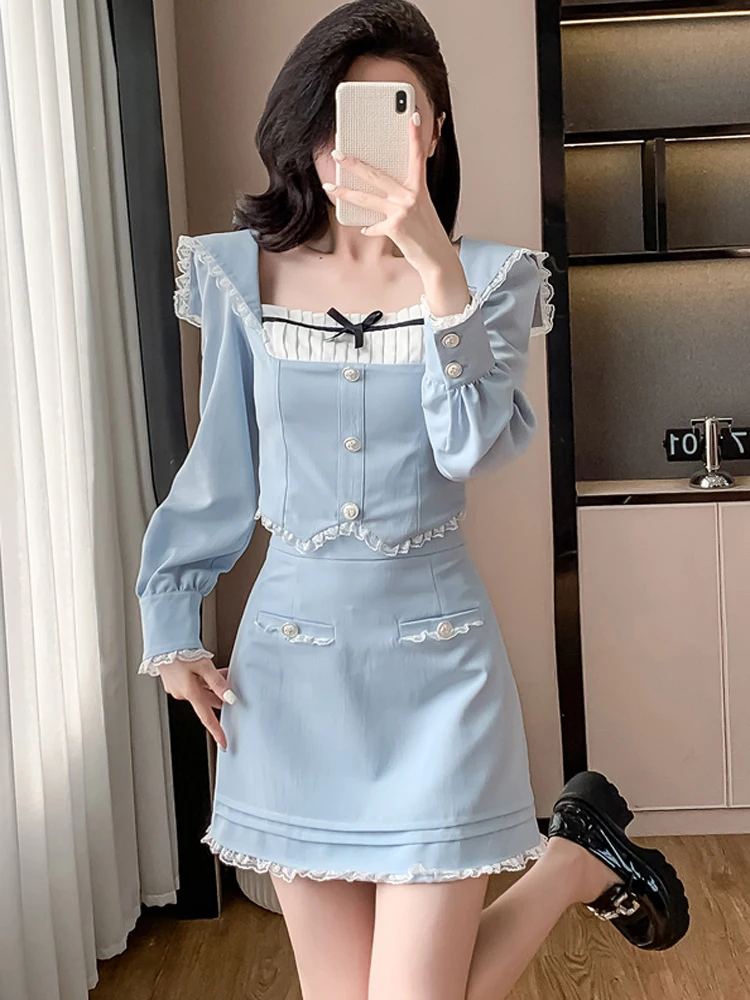 Korean Style Women Two-Piece Set Sweet Lace Splicing Slim Crop Tops + Bodycon Mini Skirts Matching Suit Female Clothes
Korean Style Women Two-Piece Set Sweet Lace Splicing Slim Crop Tops + Bodycon Mini Skirts Matching Suit Female Clothes