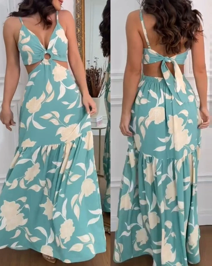 Women's Dress 2025 Spring Summer Latest Floral Print Spaghetti Strap Ring Maxi Decor V Neck Waist Hollow Out Vacation Long Skirt
Women's Dress 2025 Spring Summer Latest Floral Print Spaghetti Strap Ring Maxi Decor V Neck Waist Hollow Out Vacation Long Skirt