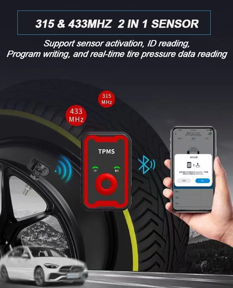 Programable TPMS Sensors 2 in 1 433MHz+315MHz Support Programing with CELL PHONE Tire pressure monitor System
Programable TPMS Sensors 2 in 1 433MHz+315MHz Support Programing with CELL PHONE Tire pressure monitor System