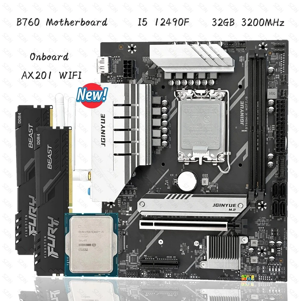 Комплект материнской платы JGINYUE B760M с I5 12490F DDR4, 32 ГБ, 3200 МГц, встроенная AX201, поддержка WIFI, комбинация игровой материнской платы M.2 NVME
Комплект материнской платы JGINYUE B760M с I5 12490F DDR4, 32 ГБ, 3200 МГц, встроенная AX201, поддержка WIFI, комбинация игровой материнской платы M.2 NVME
