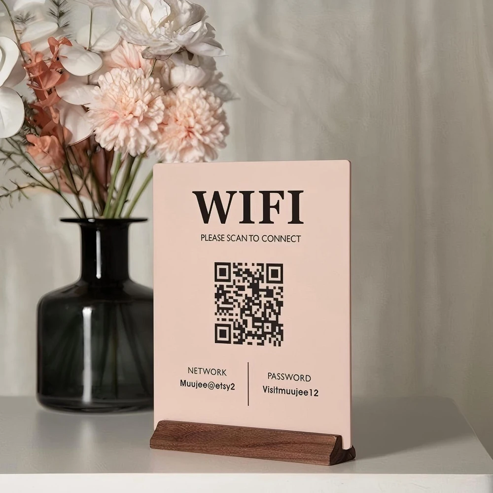 Personalized QR Code Wifi Acrylic Sign Wood Base Customized Table Sign for Home Rental Business Office Salon Restaurant Bar Sign
Personalized QR Code Wifi Acrylic Sign Wood Base Customized Table Sign for Home Rental Business Office Salon Restaurant Bar Sign