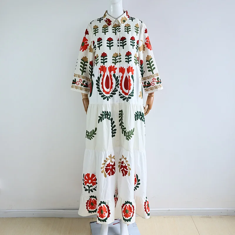 Women Fashion Beach Style Lapel Loose Print Ruffles Maxi Dress Single Breasted Female Spring Summer Lady Holiday Vestidos
Women Fashion Beach Style Lapel Loose Print Ruffles Maxi Dress Single Breasted Female Spring Summer Lady Holiday Vestidos