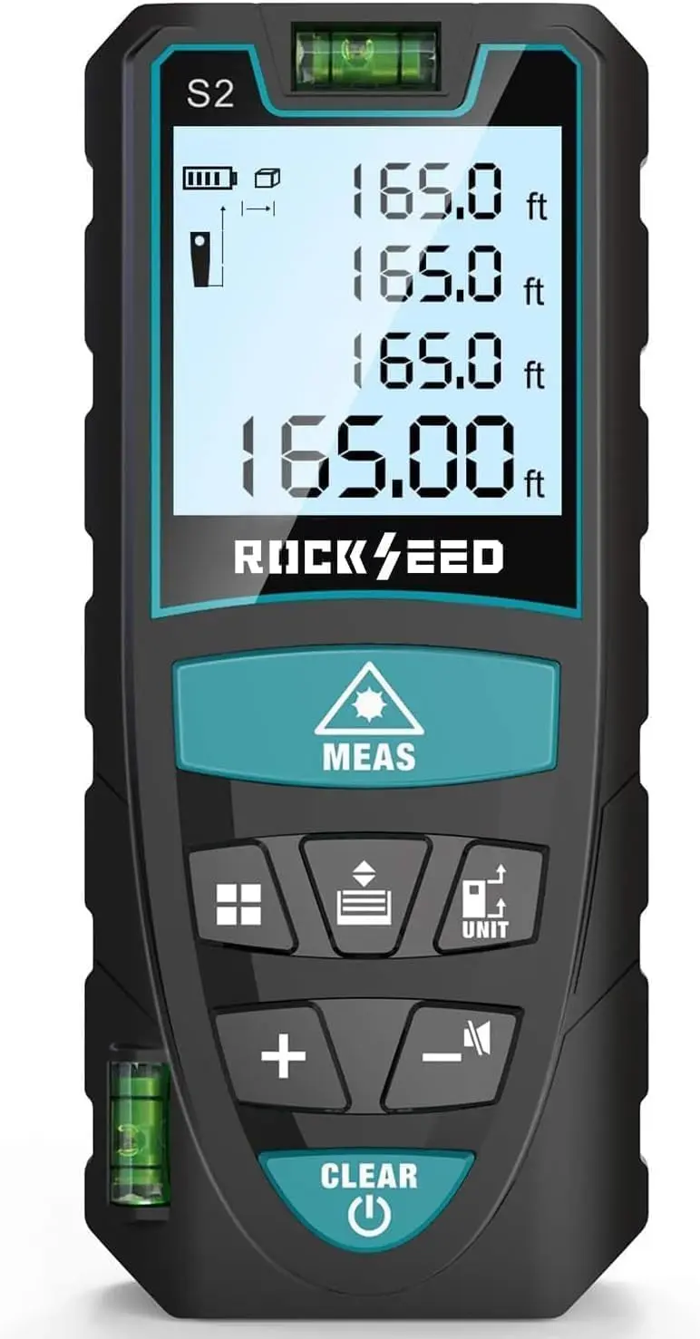 Laser Measure 50M, Digital Distance Meter with 2 Bubble Levels, Backlit LCD, Unit Switching, Measures Distance/Area/Volume