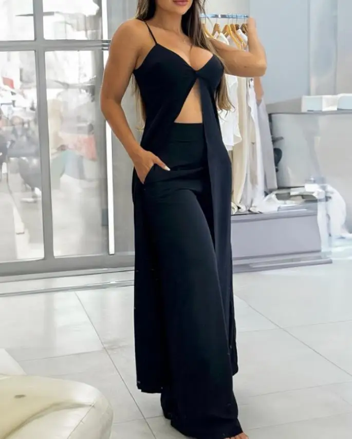 Two Piece Set Women Outfit 2025 Summer Spaghetti Strap V-Neck Hollow-Out Longline Tank & Casual Pocket Design Pants Set
Two Piece Set Women Outfit 2025 Summer Spaghetti Strap V-Neck Hollow-Out Longline Tank & Casual Pocket Design Pants Set