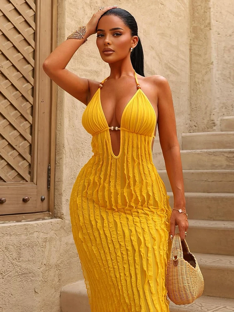 Whatiwear Beads Decorative Dress Women Lace-Up Halter Low-Neck Backless Vacation Street Trend Solid Ruched Elegant Long Bodycon
Whatiwear Beads Decorative Dress Women Lace-Up Halter Low-Neck Backless Vacation Street Trend Solid Ruched Elegant Long Bodycon