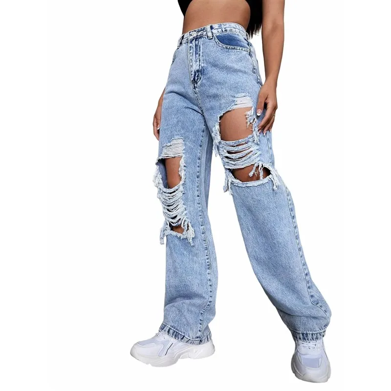 Fashionable Ripped Denim Jeans Women's Trendy Hole Punching Casual Trousers Elastic Waistband Summer Collection
Fashionable Ripped Denim Jeans Women's Trendy Hole Punching Casual Trousers Elastic Waistband Summer Collection
