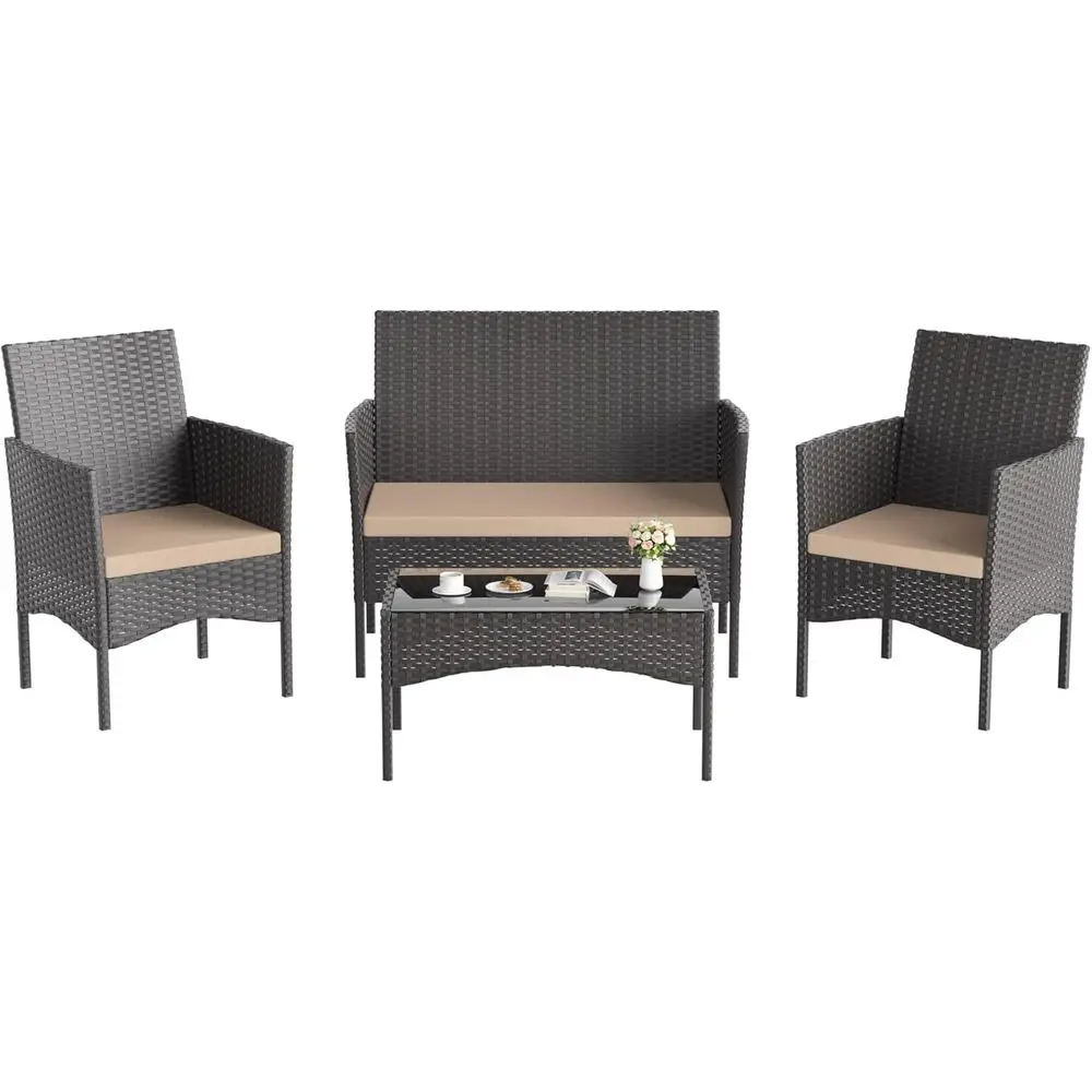 4-Piece Outdoor Patio Furniture Set: PE Wicker Rattan Chairs with Tempered Glass Table and Soft Cushions for Garden, Lawn, Pool,
4-Piece Outdoor Patio Furniture Set: PE Wicker Rattan Chairs with Tempered Glass Table and Soft Cushions for Garden, Lawn, Pool,