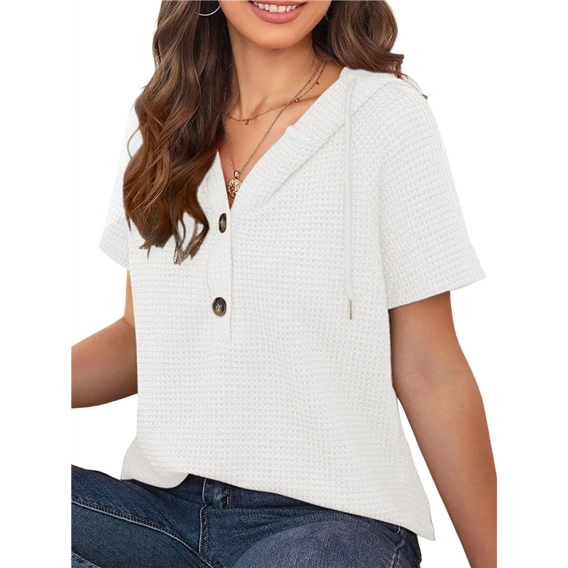 AG-Womens Summer Tops Waffle Knit Short Sleeve Drawstring Hoodies Button V Neck Casual Blouses Shirts 
AG-Womens Summer Tops Waffle Knit Short Sleeve Drawstring Hoodies Button V Neck Casual Blouses Shirts