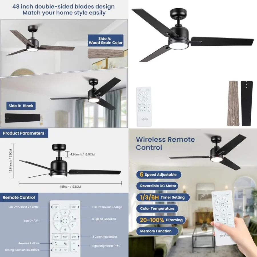 Ceiling Fans with Lights Remote for Bedroom Living Room Kitchen Office, door or Covered Outdoor, 3CCT Dimmable, Noiseless, 3 Bl
Ceiling Fans with Lights Remote for Bedroom Living Room Kitchen Office, door or Covered Outdoor, 3CCT Dimmable, Noiseless, 3 Bl