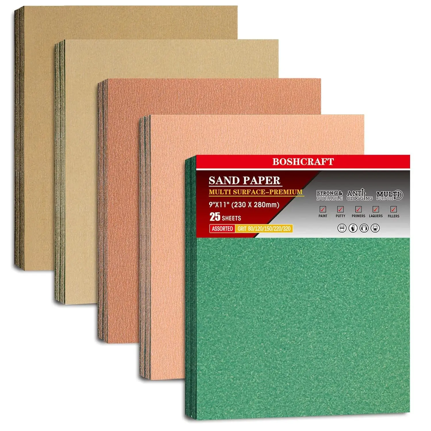 25 Pcs Sandpaper Assortment 9x11 Inches 80/120/150/220/320 Grit for Wood Metal Furniture Hand Sander
25 Pcs Sandpaper Assortment 9x11 Inches 80/120/150/220/320 Grit for Wood Metal Furniture Hand Sander