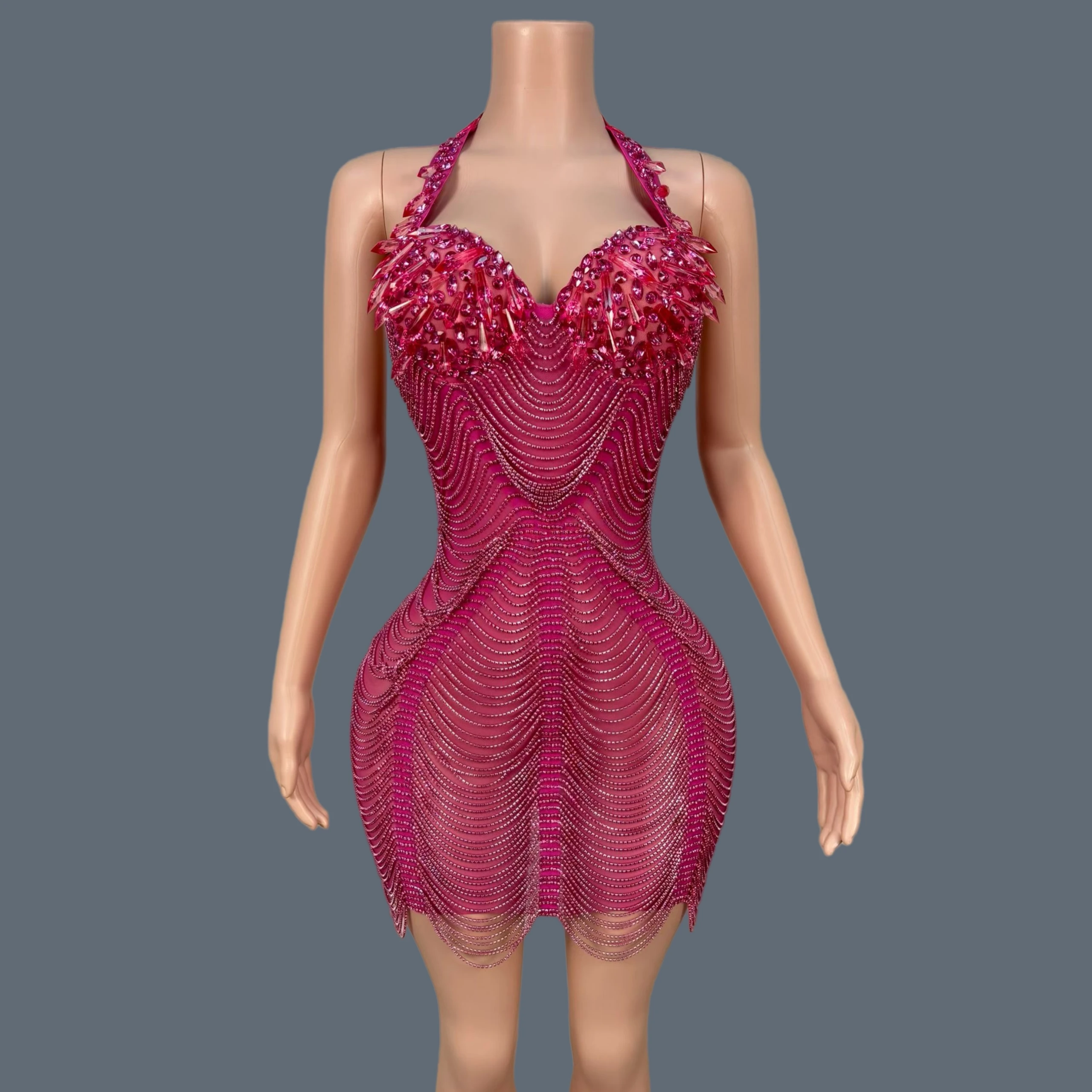 Fuchsia Rhinestone Halter Mini Dress 3D Crystal Petal Bust Wave Bead Mesh Bodycon Fringe Hem Stage Performance Outfit Mengjing
Fuchsia Rhinestone Halter Mini Dress 3D Crystal Petal Bust Wave Bead Mesh Bodycon Fringe Hem Stage Performance Outfit Mengjing