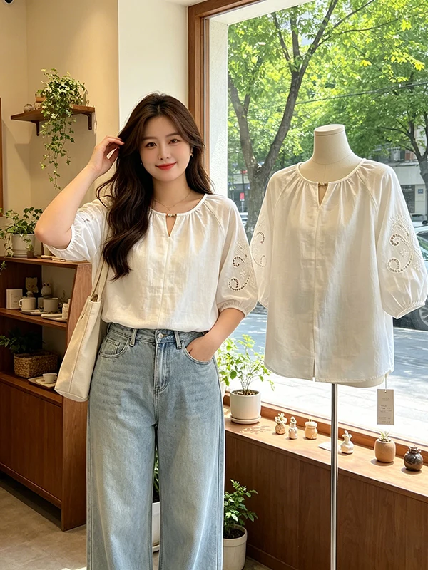 Summer New plus Size Hollow out Loose round Neck Shirt Women's Casual Versatile Belly Covering Seven Quarter Sleeve Top
Summer New plus Size Hollow out Loose round Neck Shirt Women's Casual Versatile Belly Covering Seven Quarter Sleeve Top