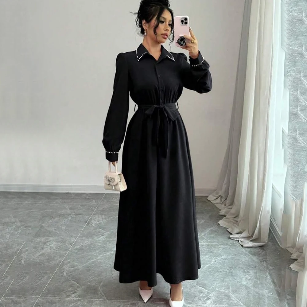 Simple Customized Evening Dress V-Neck Long Sleeve A-Line with Belt and Pearls Ankle Length Women Party Banquet Gowns New
Simple Customized Evening Dress V-Neck Long Sleeve A-Line with Belt and Pearls Ankle Length Women Party Banquet Gowns New