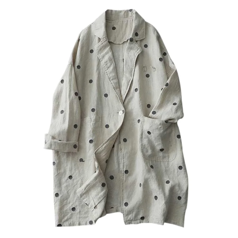 Artsy Linen Jacket Polka Dot Buttoned Loose Jacket Japanese Style Retro Mid Length Jacket Long Sleeve Thin Trench Coat
Artsy Linen Jacket Polka Dot Buttoned Loose Jacket Japanese Style Retro Mid Length Jacket Long Sleeve Thin Trench Coat