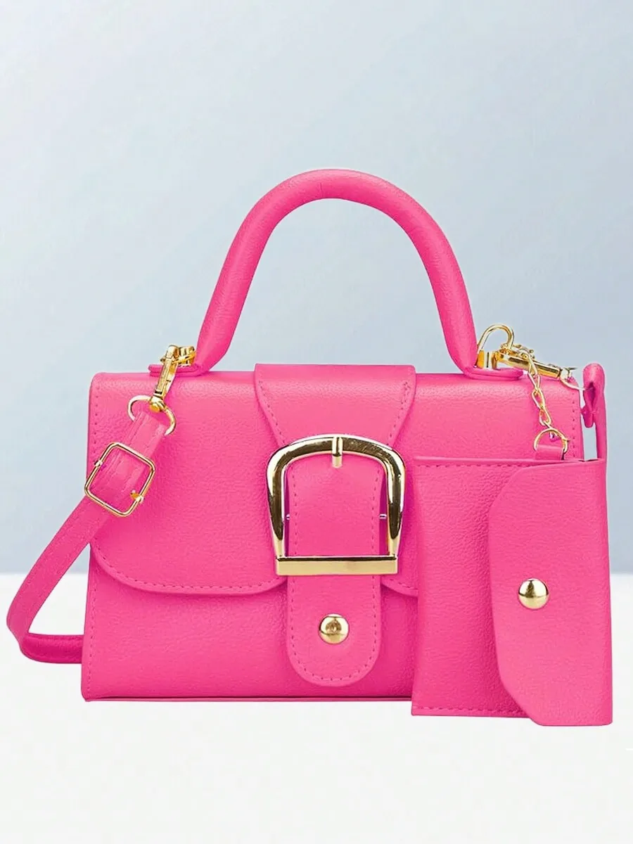 Vibrant Pink PU Leather Top-Handle Bag with Gold Buckle & Detachable Strap
Vibrant Pink PU Leather Top-Handle Bag with Gold Buckle & Detachable Strap