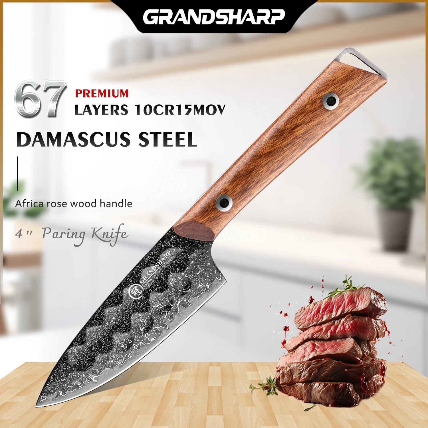 Grandsharp 4 Inch Paring Knife 67 Layers 10Cr15MoV Core Damascus Steel Africa Rose Wood Handle Small Peeling Tool For Fruit
Grandsharp 4 Inch Paring Knife 67 Layers 10Cr15MoV Core Damascus Steel Africa Rose Wood Handle Small Peeling Tool For Fruit