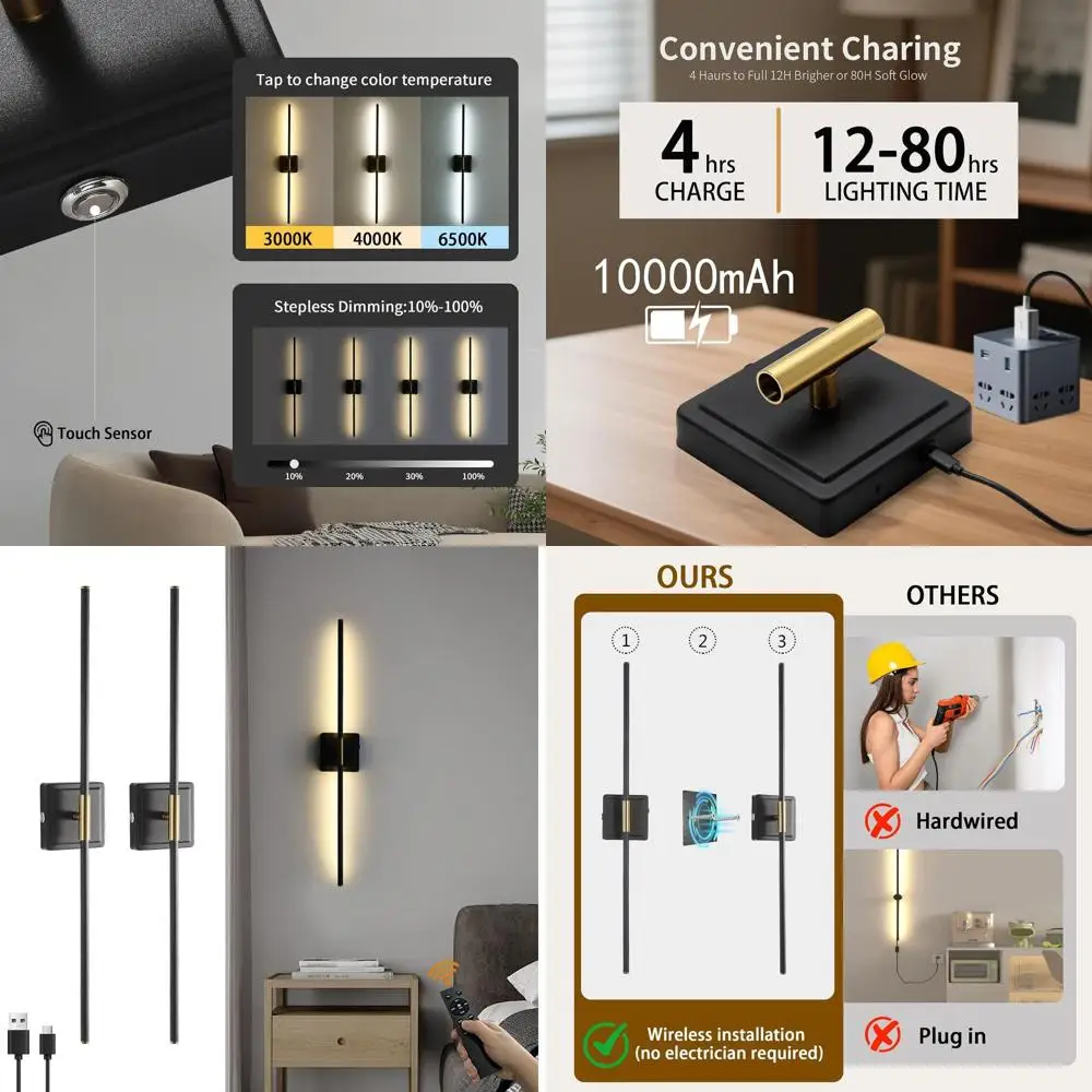 Pair of 10000mAh Battery-Powered Wall Sconces with Remote, Adjustable 3000K-6500K Color Temperature, Dimmable for Home Decor (Bl
Pair of 10000mAh Battery-Powered Wall Sconces with Remote, Adjustable 3000K-6500K Color Temperature, Dimmable for Home Decor (Bl