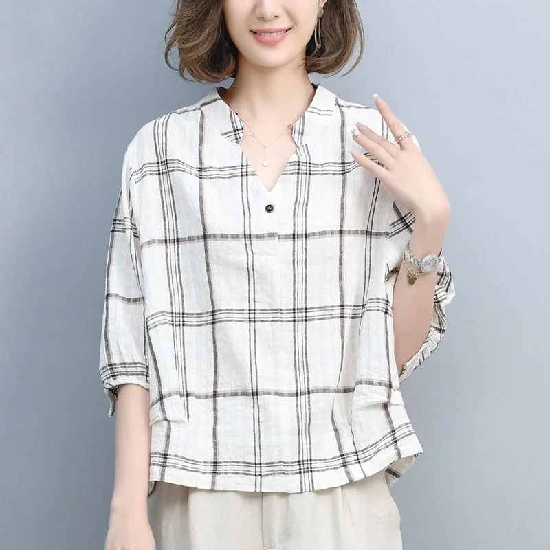 Femme Summer Korean Fashion Button Color Blocking V-neck Half Sleeve Women's Shirt Elegant Temperament Plaid Cotton Linen Top Te
Femme Summer Korean Fashion Button Color Blocking V-neck Half Sleeve Women's Shirt Elegant Temperament Plaid Cotton Linen Top Te